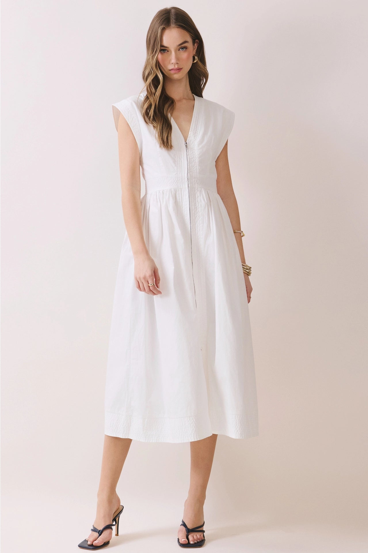 Cap Sleeve V Neck Midi Dress with Front Zipper