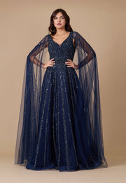 Cape Sleeve Heavy Beaded Couture Formal Dress-Dress-Dylan & Davids-8-Navy-Urbanheer