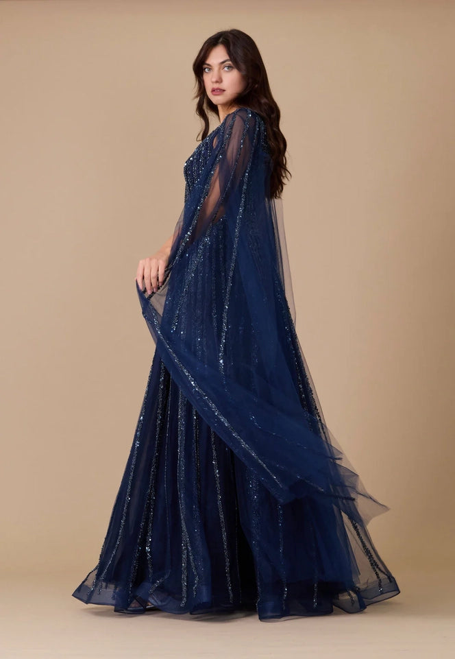 Cape Sleeve Heavy Beaded Couture Formal Dress-Dress-Dylan & Davids-8-Navy-Urbanheer