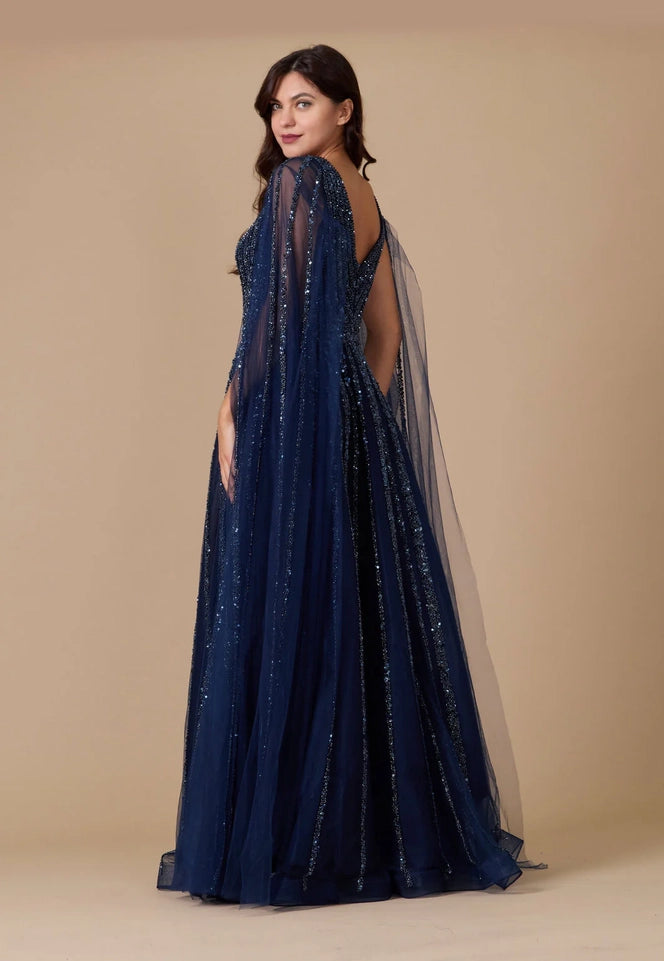 Cape Sleeve Heavy Beaded Couture Formal Dress-Dress-Dylan & Davids-8-Navy-Urbanheer