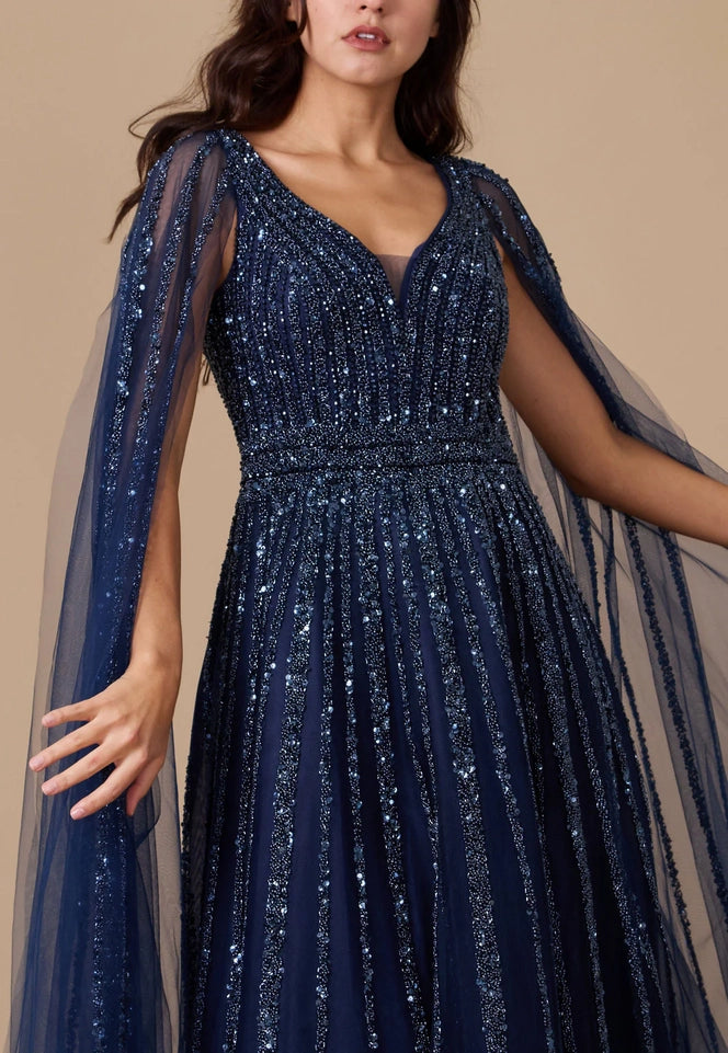 Cape Sleeve Heavy Beaded Couture Formal Dress-Dress-Dylan & Davids-8-Navy-Urbanheer
