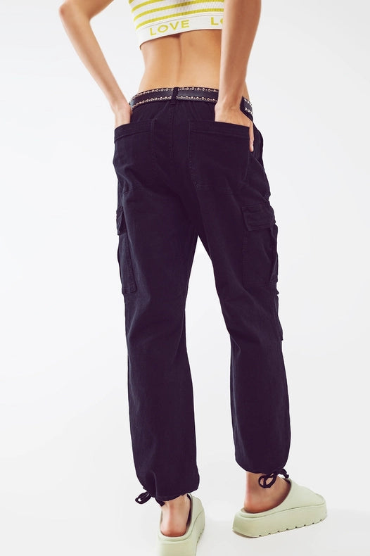 Cargo Pants with Tassel Ends in Black