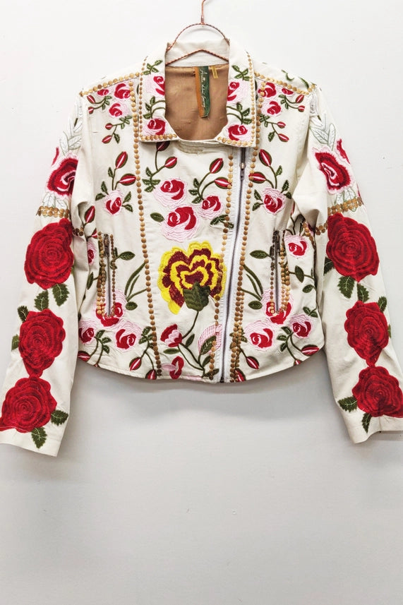 Carmen Embroidered Denim Motorcycle Jacket-Jacket-Aratta-XS-Ivory-Urbanheer