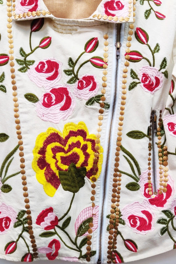 Carmen Embroidered Denim Motorcycle Jacket-Jacket-Aratta-XS-Ivory-Urbanheer