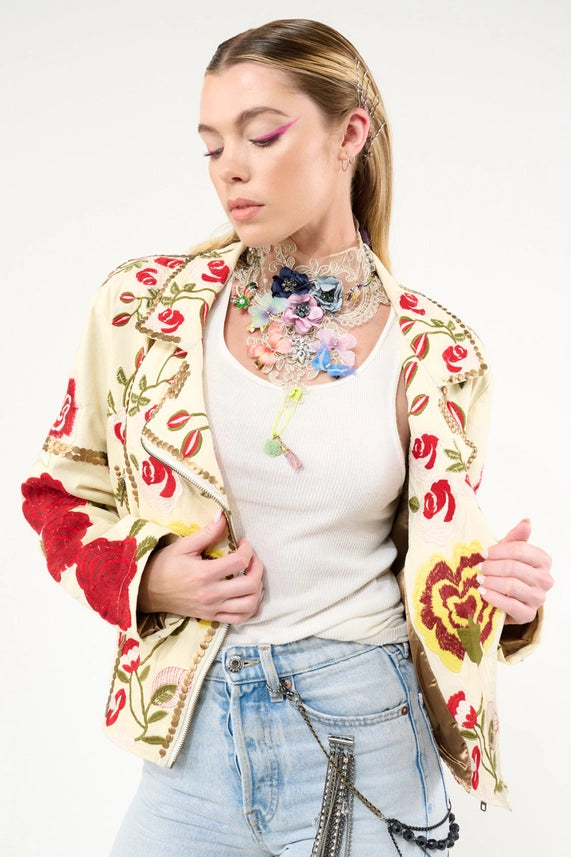 Carmen Embroidered Denim Motorcycle Jacket-Jacket-Aratta-XS-Ivory-Urbanheer