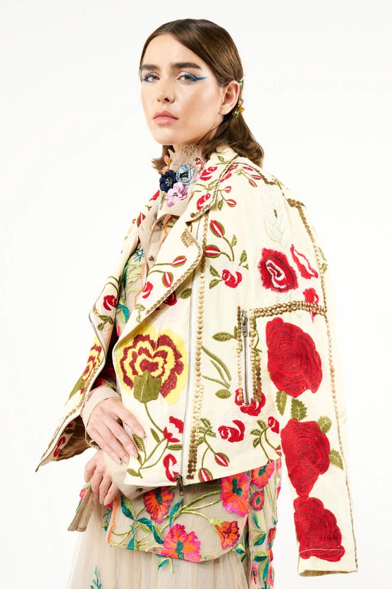 Carmen Embroidered Denim Motorcycle Jacket-Jacket-Aratta-XS-Ivory-Urbanheer