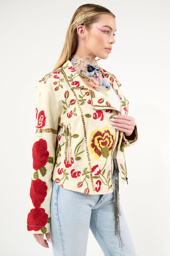 Carmen Embroidered Denim Motorcycle Jacket-Jacket-Aratta-XS-Ivory-Urbanheer