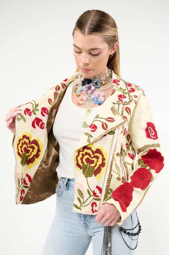 Carmen Embroidered Denim Motorcycle Jacket-Jacket-Aratta-XS-Ivory-Urbanheer