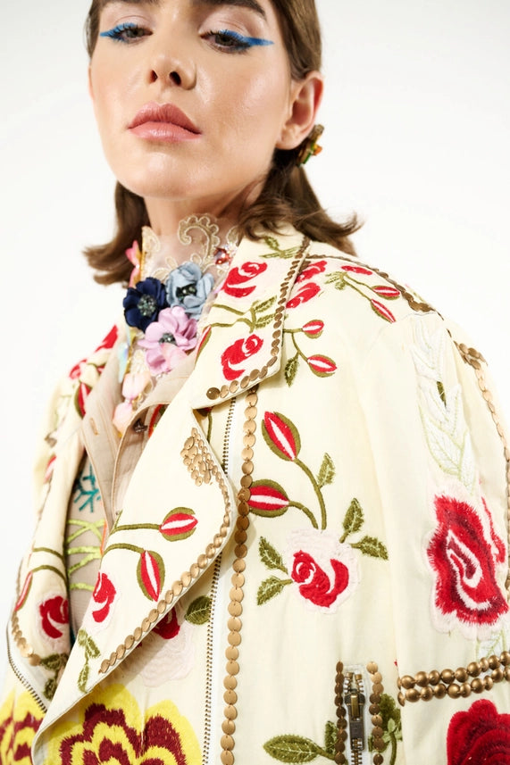 Carmen Embroidered Denim Motorcycle Jacket-Jacket-Aratta-XS-Ivory-Urbanheer