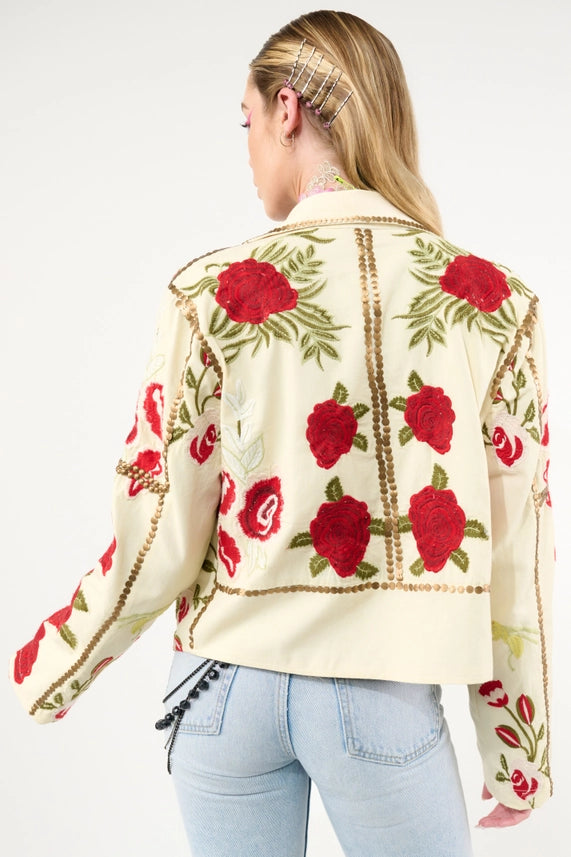 Carmen Embroidered Denim Motorcycle Jacket-Jacket-Aratta-XS-Ivory-Urbanheer