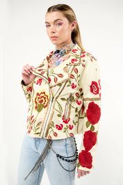 Carmen Embroidered Denim Motorcycle Jacket-Jacket-Aratta-XS-Ivory-Urbanheer