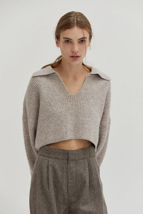 Carter Waffle Polo Sweater Knit Top H. GREY-Top-Crescent-XS-H. GREY-Urbanheer