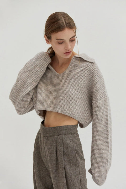 Carter Waffle Polo Sweater Knit Top H. GREY-Top-Crescent-XS-H. GREY-Urbanheer