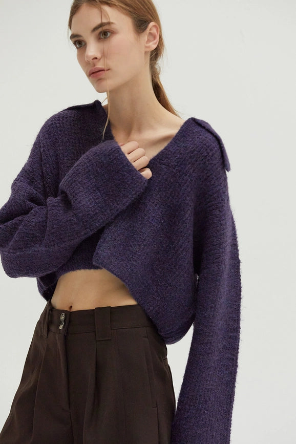 Carter Waffle Polo Sweater Knit Top Purple-Top-Crescent-XS-Purple-Urbanheer