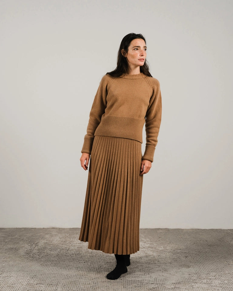Cashmere Blend Pleated Skirt (3D Knit) Caramello-Skirt-LÈMME-S-Caramello-Urbanheer
