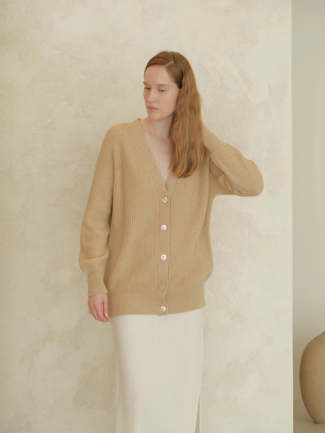 Cashmere Blend Raglan Ribbed Cardigan-Cardigan-LÈMME-S-Beige-Urbanheer