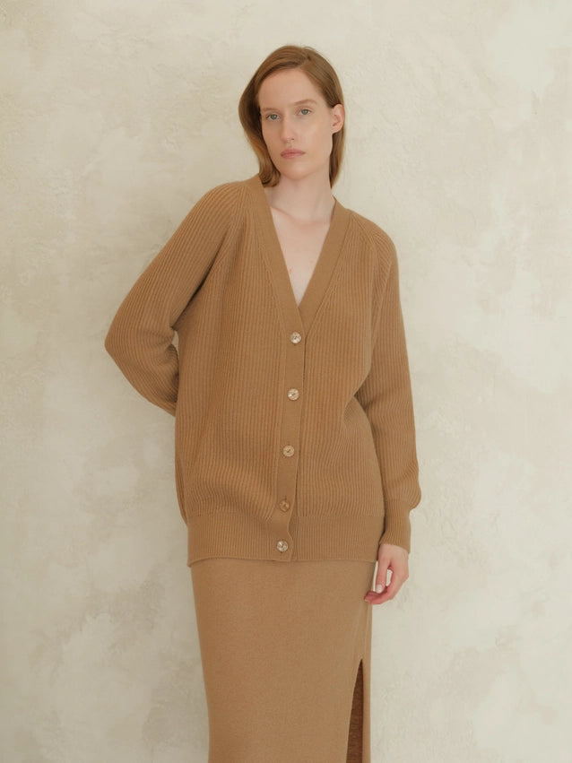 Cashmere Blend Raglan Ribbed Cardigan-Cardigan-LÈMME-S-Caramel-Urbanheer