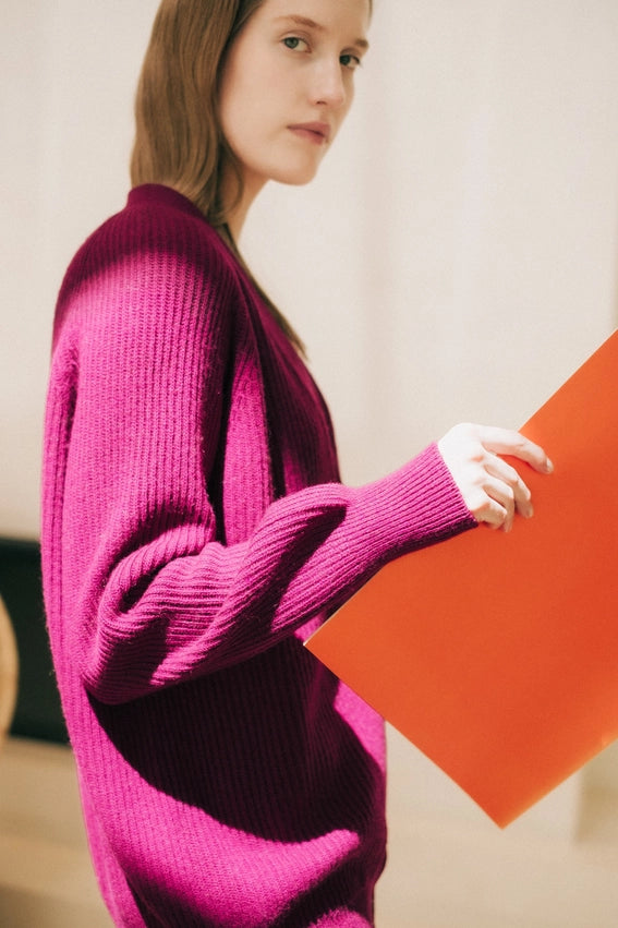 Cashmere Blend Raglan Ribbed Cardigan-Cardigan-LÈMME-S-Magenta-Urbanheer