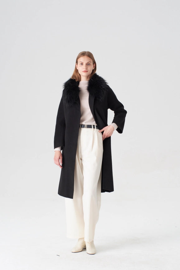 Cashmere Coat with Detachable Fur Collar-Coats-Pissenlit-S-Black-Urbanheer