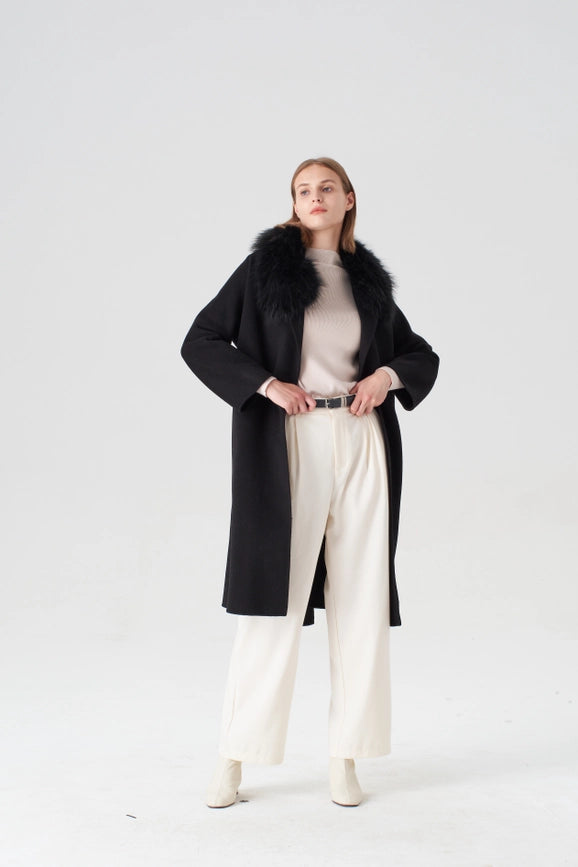 Cashmere Coat with Detachable Fur Collar-Coats-Pissenlit-S-Black-Urbanheer