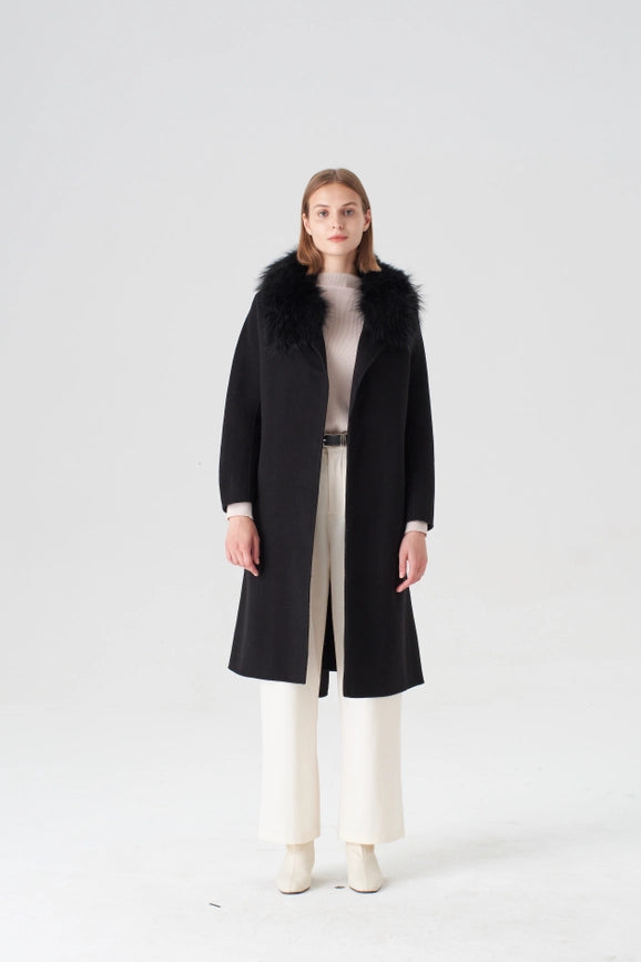 Cashmere Coat with Detachable Fur Collar-Coats-Pissenlit-S-Black-Urbanheer