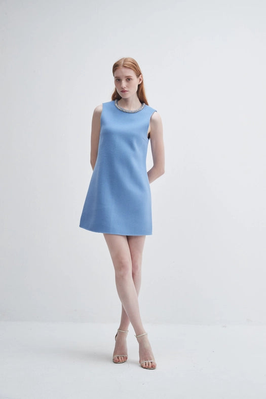 Cashmere Dress with Crystal Trim-Dress-Pissenlit-S-Light Blue-Urbanheer