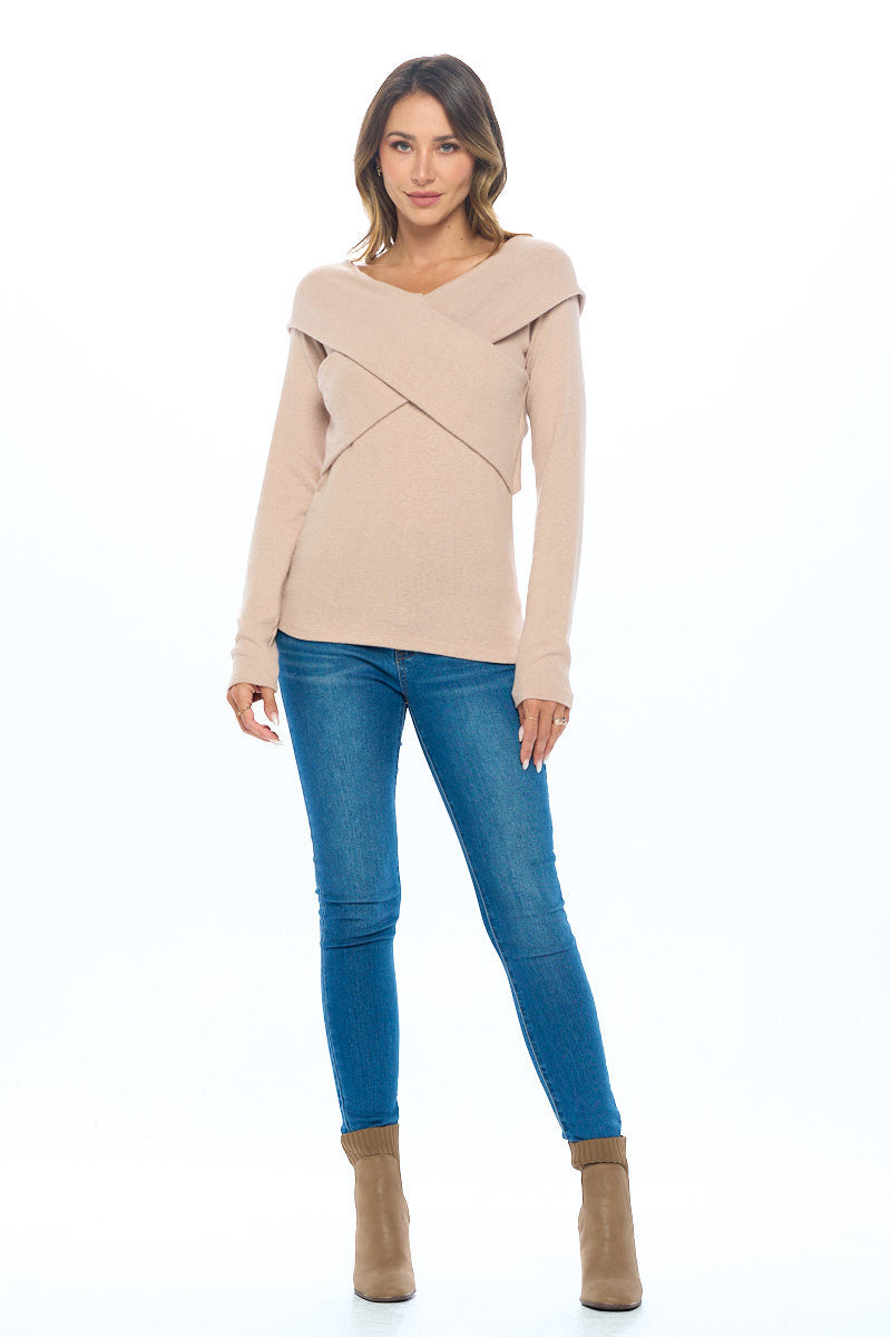 Cashmere Feel Brushed Knit Wrap Off Shoulder Top-Tops-Reneecollection-Small-TAUPE-Urbanheer