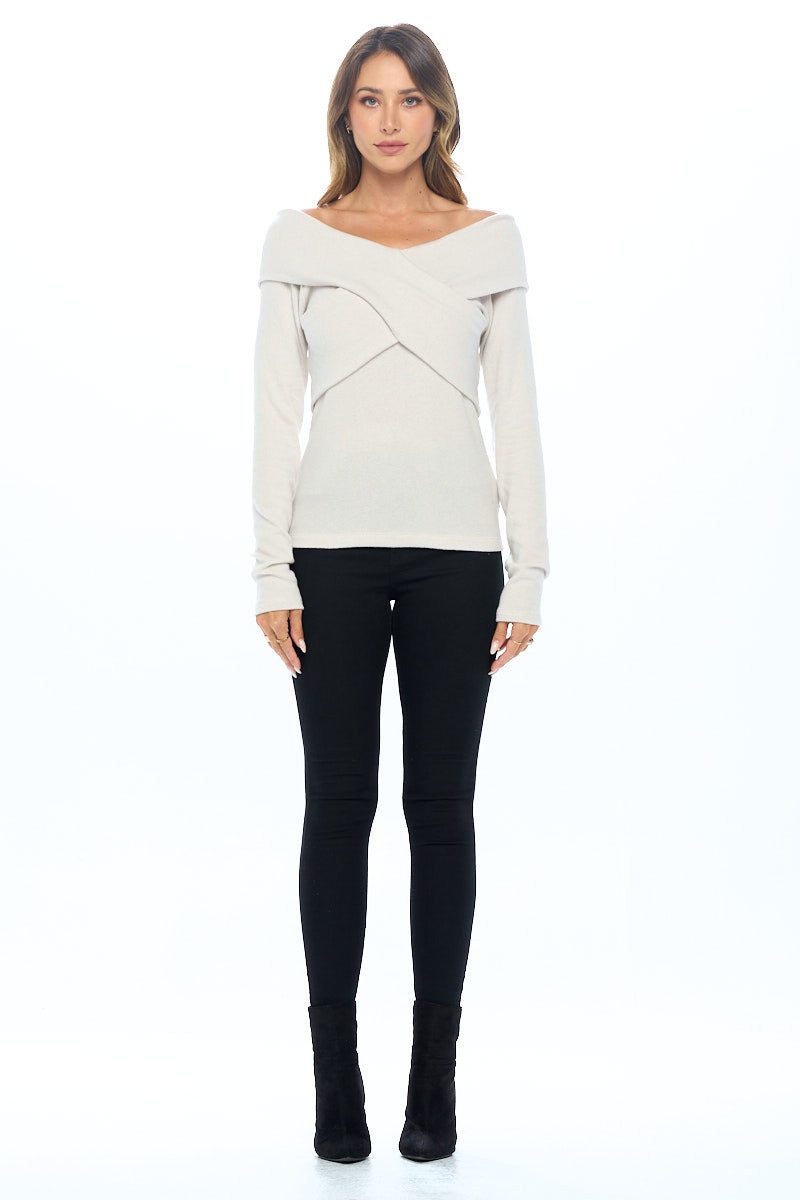 Cashmere Feel Brushed Knit Wrap Off Shoulder Top-Tops-Reneecollection-Urbanheer