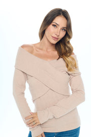 Cashmere Feel Brushed Knit Wrap Off Shoulder Top-Tops-Reneecollection-Small-TAUPE-Urbanheer