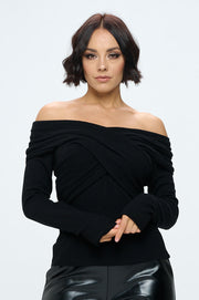 Cashmere Feel Brushed Knit Wrap Off Shoulder Top-Tops-Reneecollection-Small-BLACK-Urbanheer