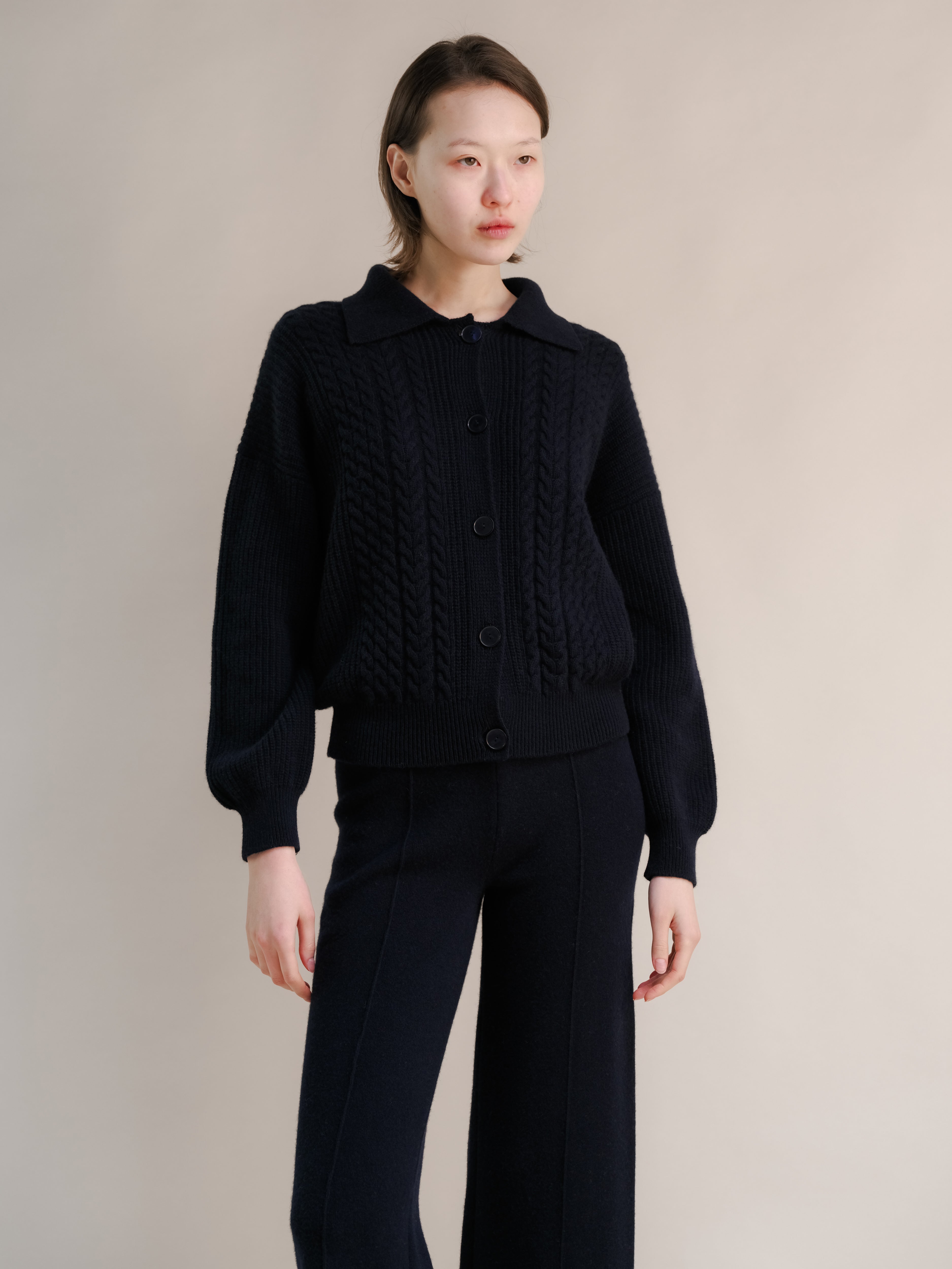 Cashmere Mix Cable Polo Cardigan-15