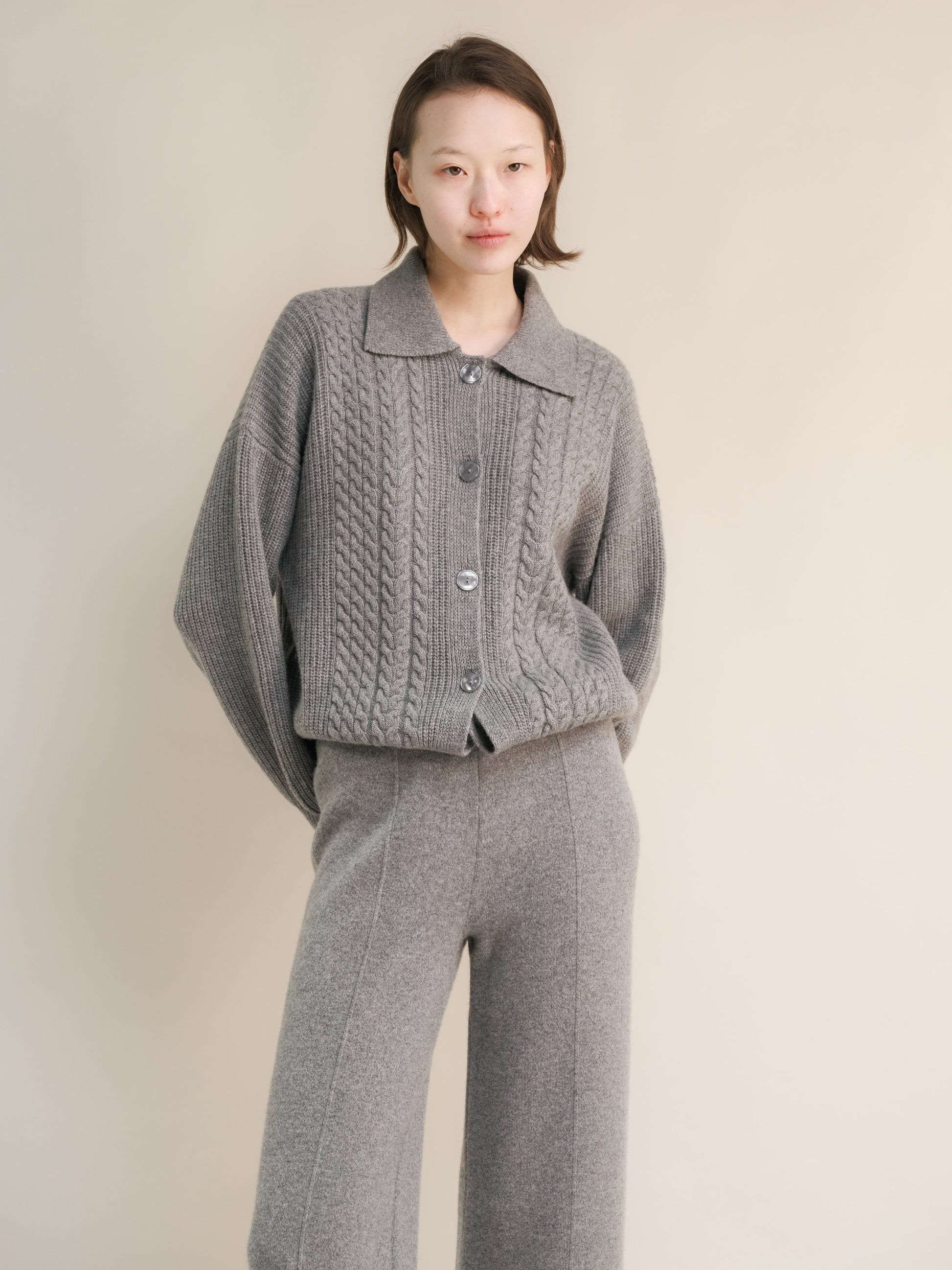 Cashmere Mix Cable Polo Cardigan-14