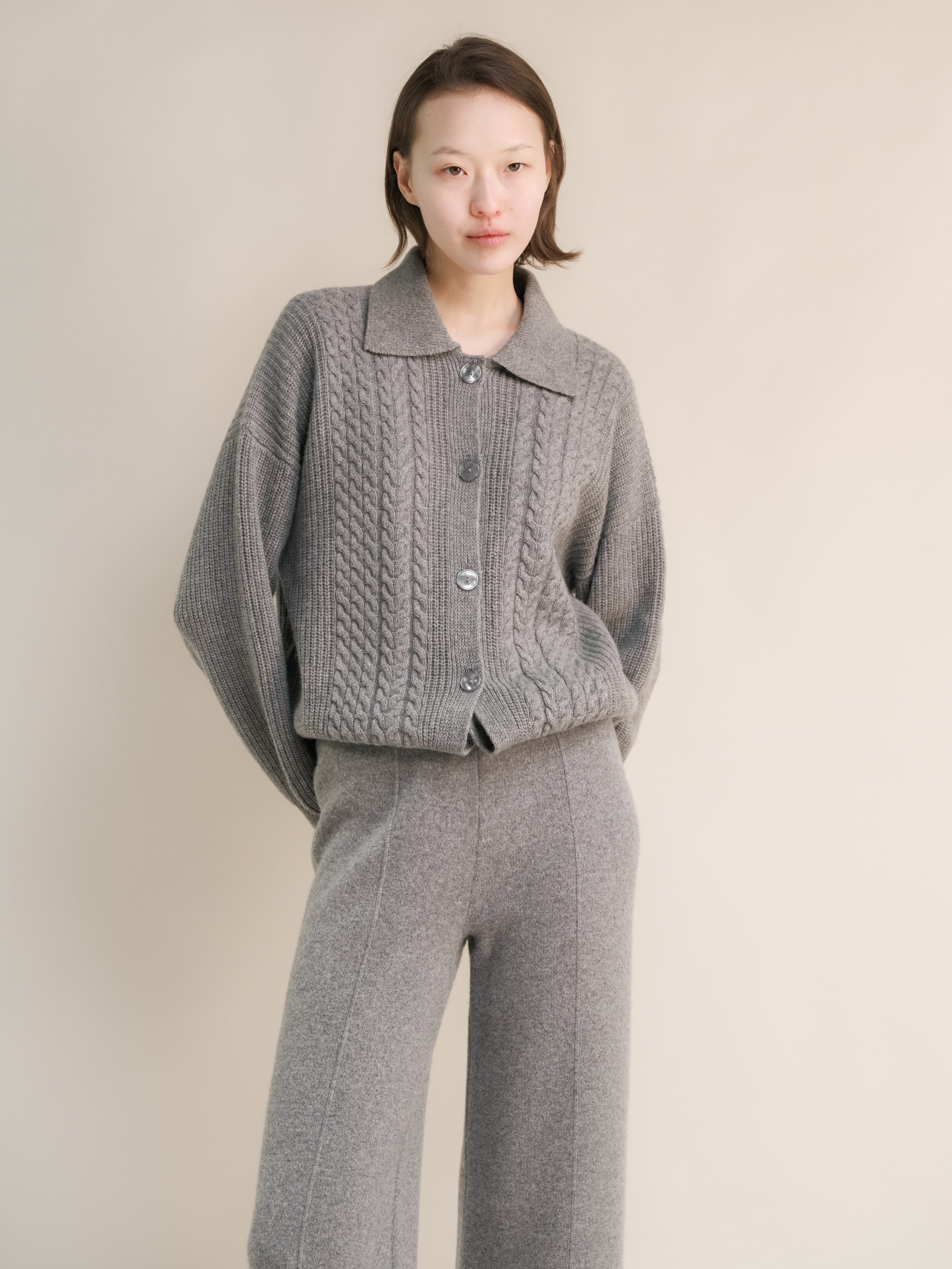 Cashmere Mix Cable Polo Cardigan-14