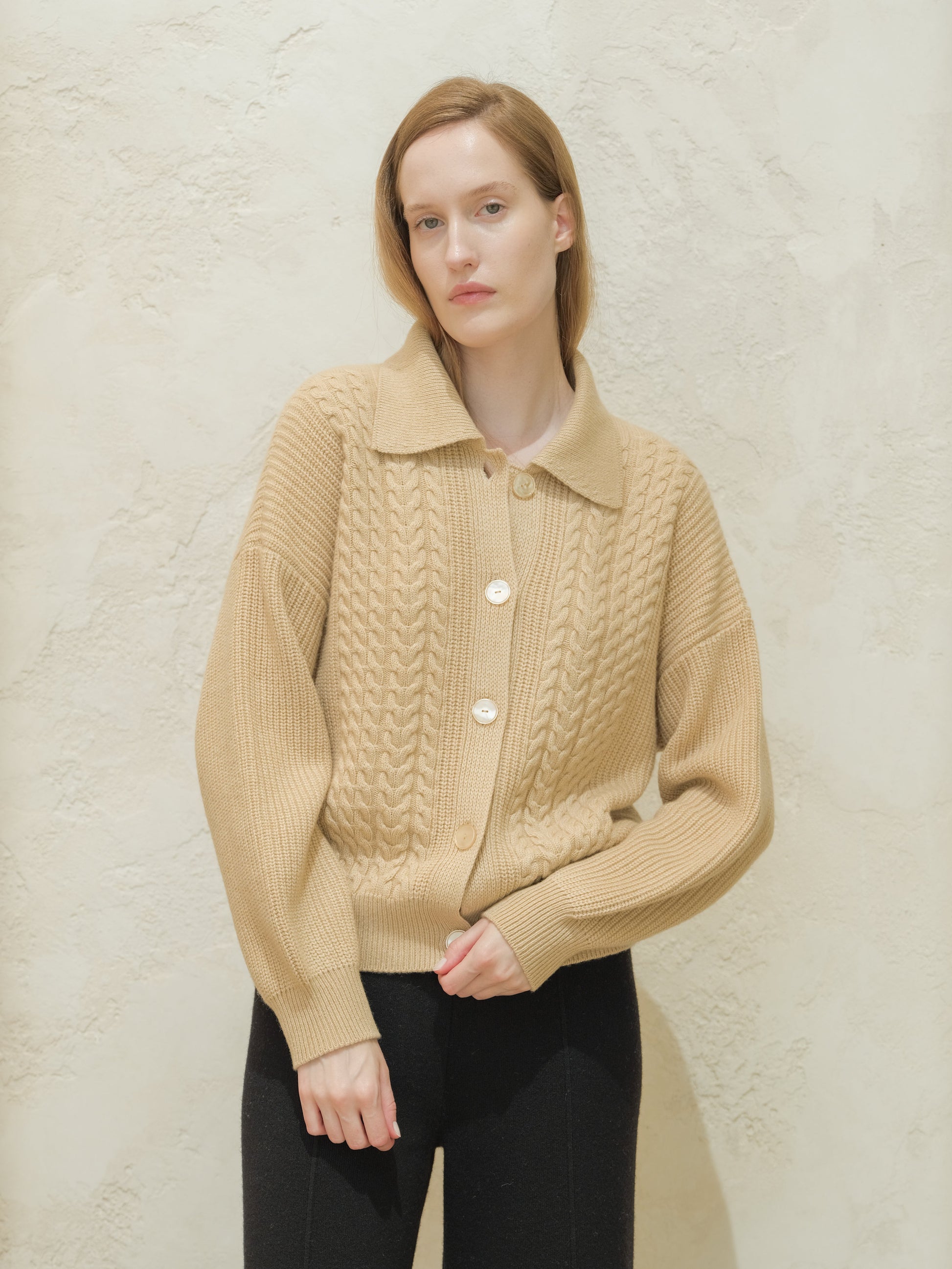 Cashmere Mix Cable Polo Cardigan-4