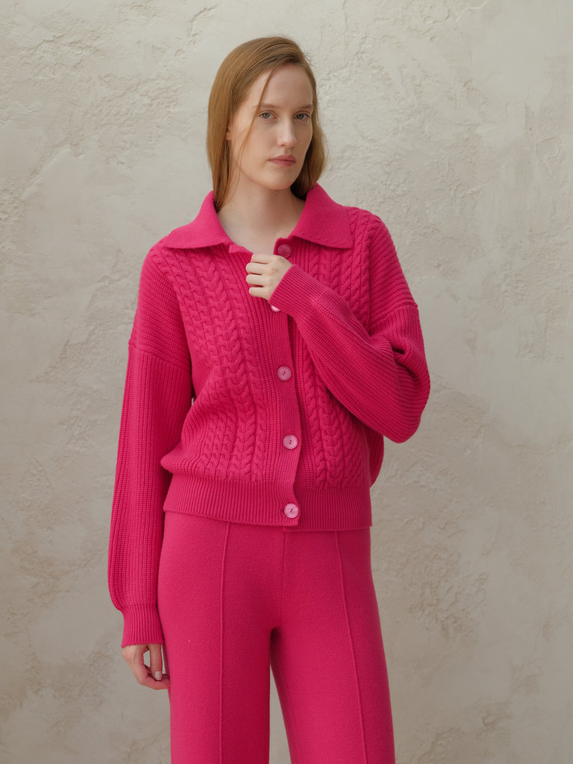 Cashmere Mix Cable Polo Cardigan-5