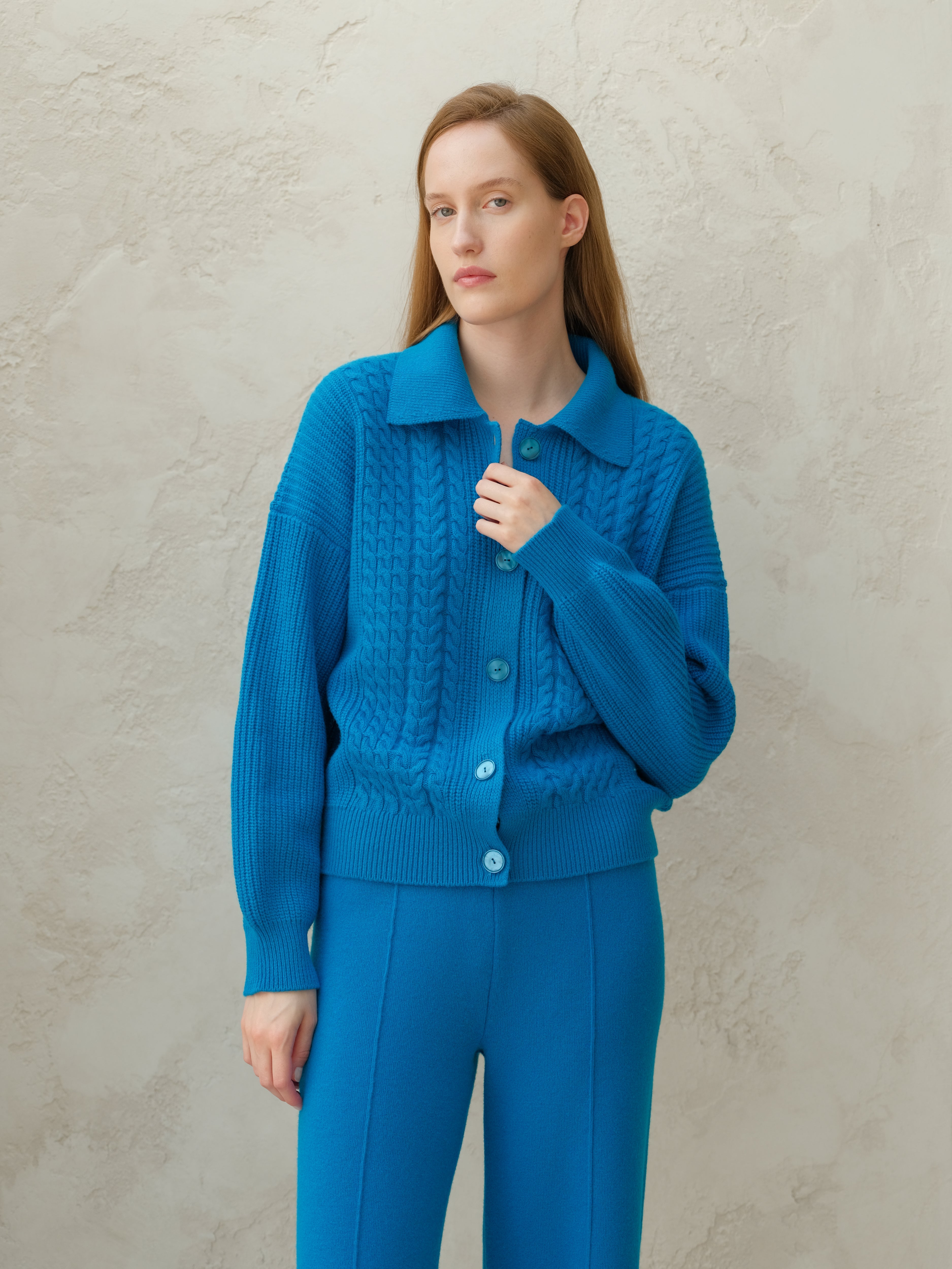 Cashmere Mix Cable Polo Cardigan-6