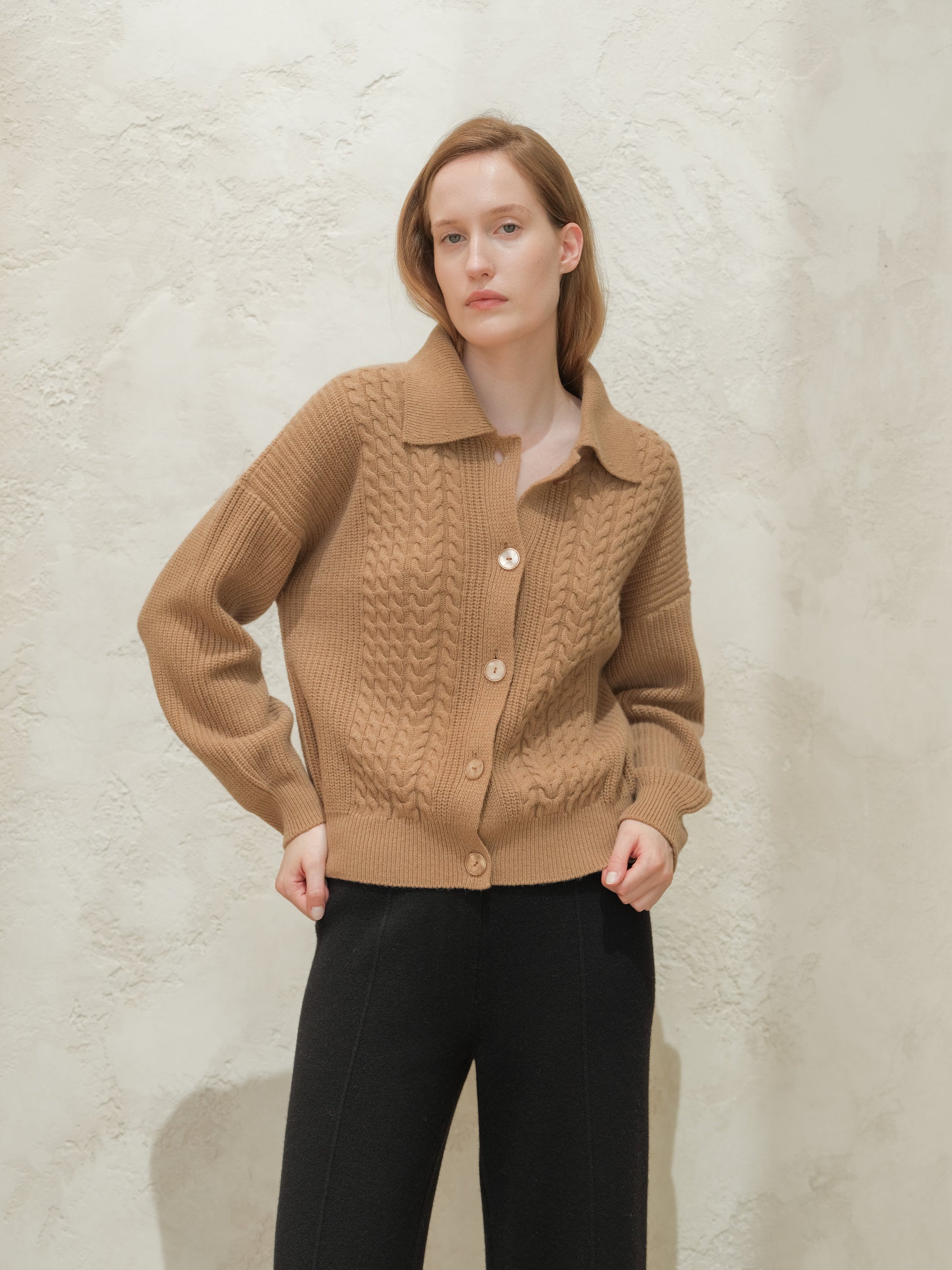 Cashmere Mix Cable Polo Cardigan-7