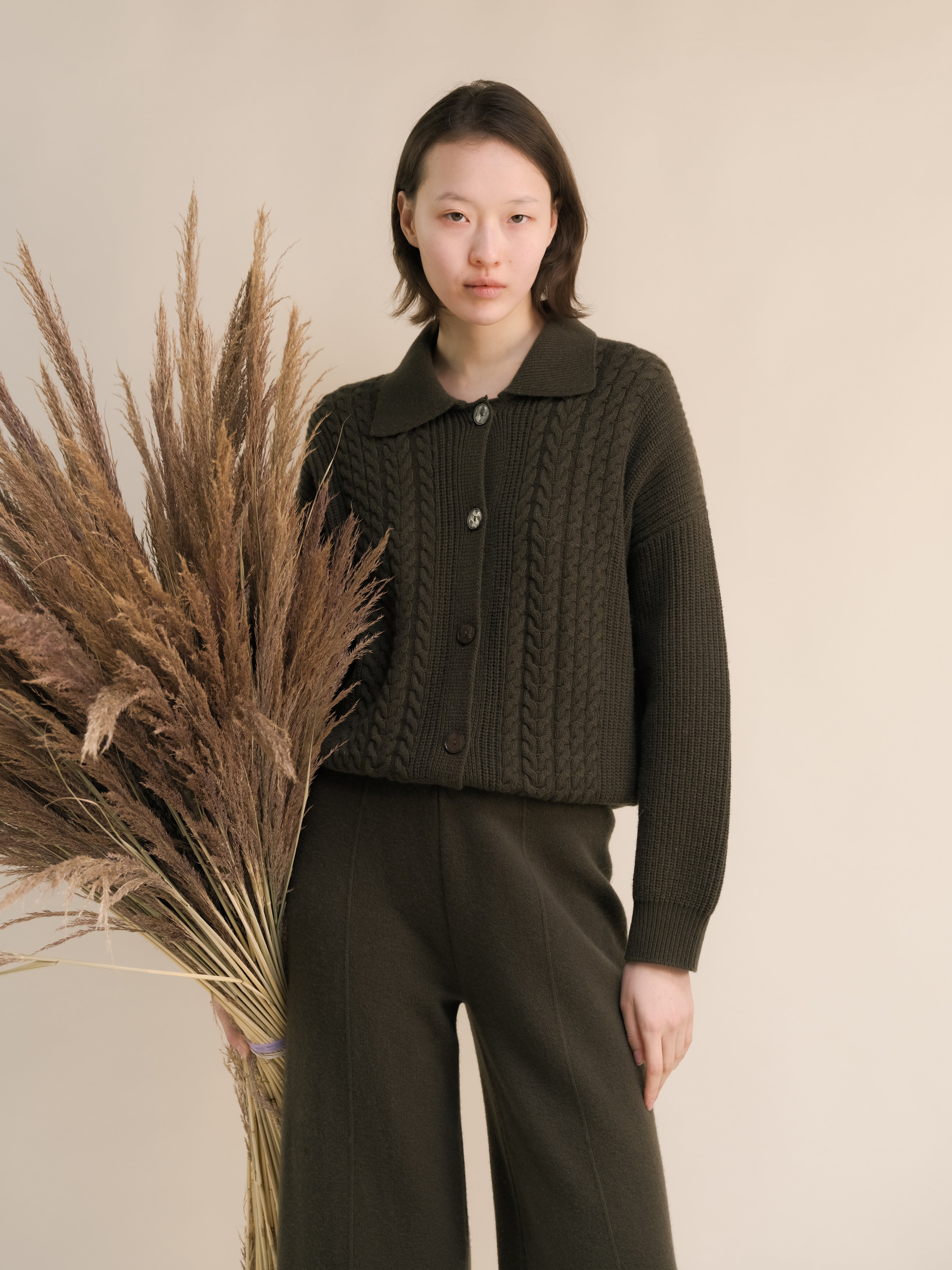 Cashmere Mix Cable Polo Cardigan-8