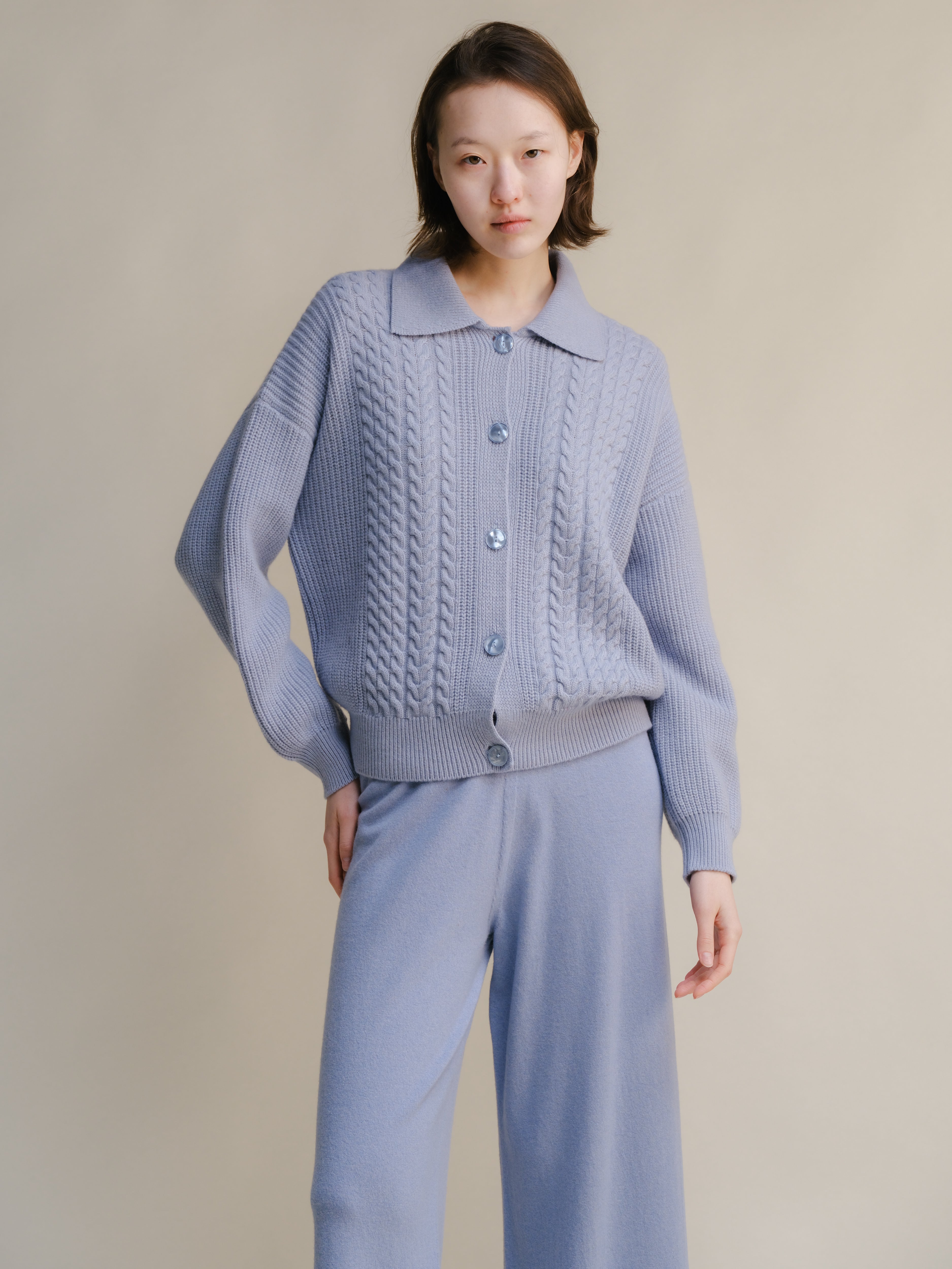 Cashmere Mix Cable Polo Cardigan-9