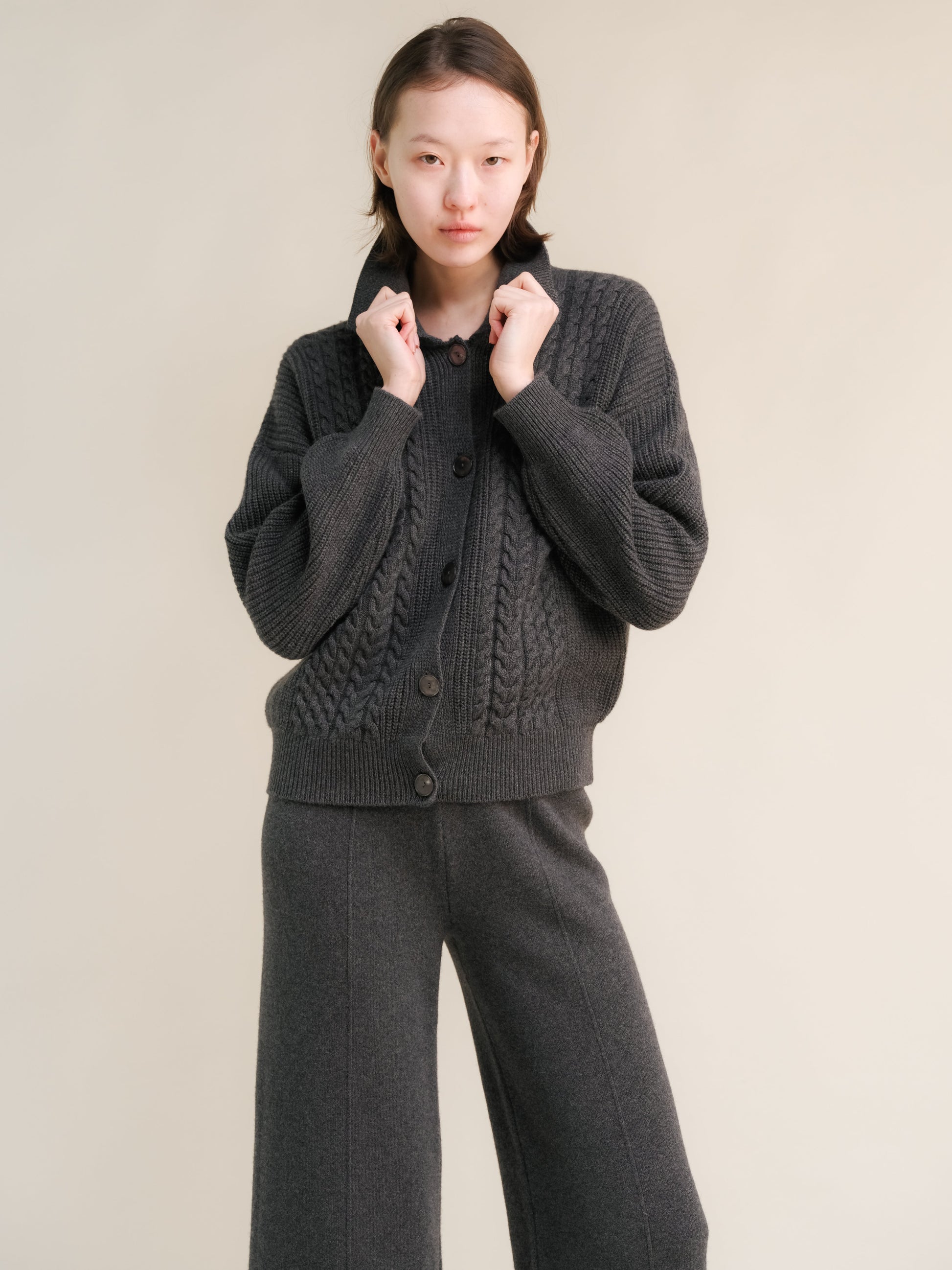 Cashmere Mix Cable Polo Cardigan-11