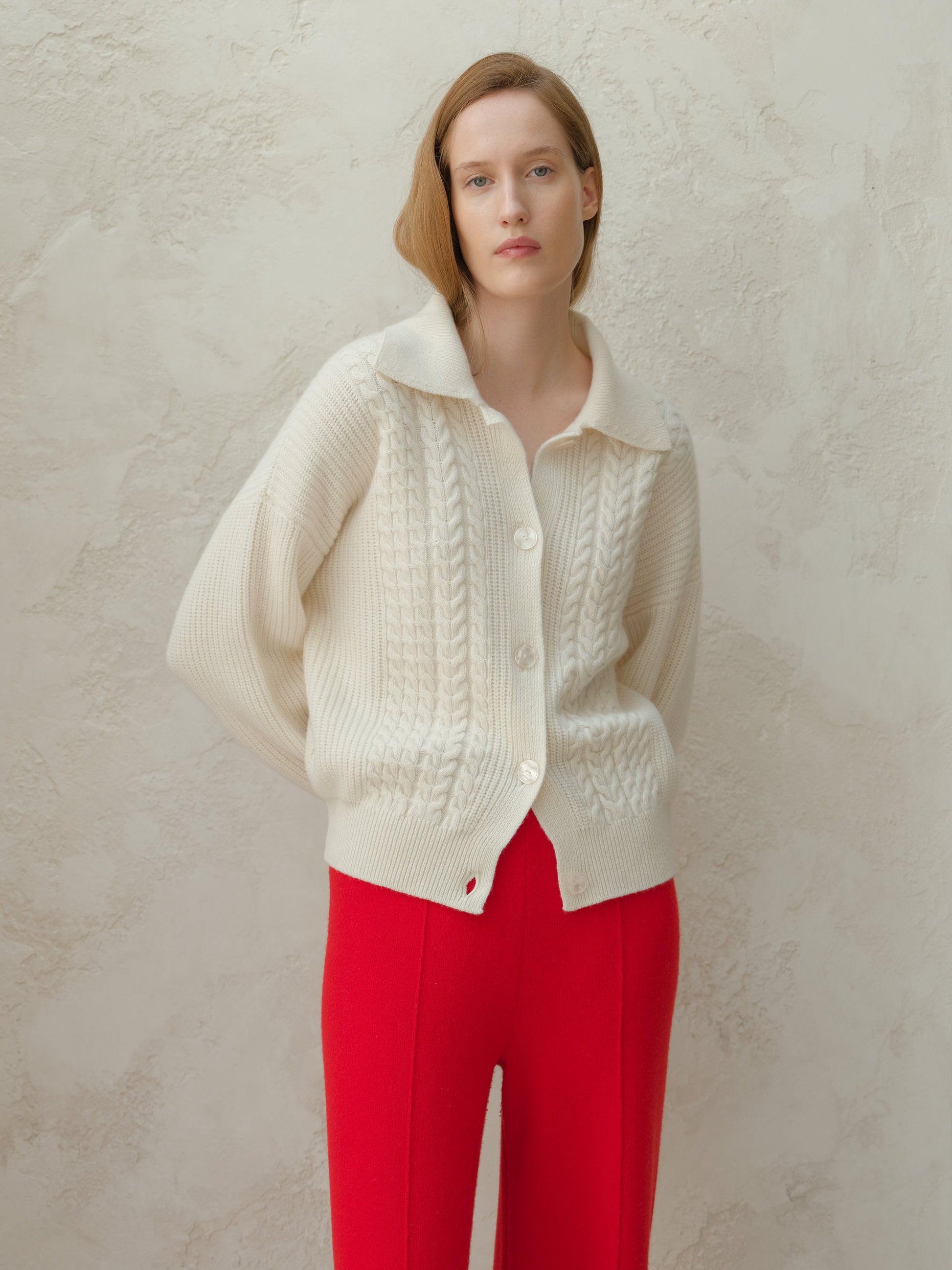 Cashmere Mix Cable Polo Cardigan-1