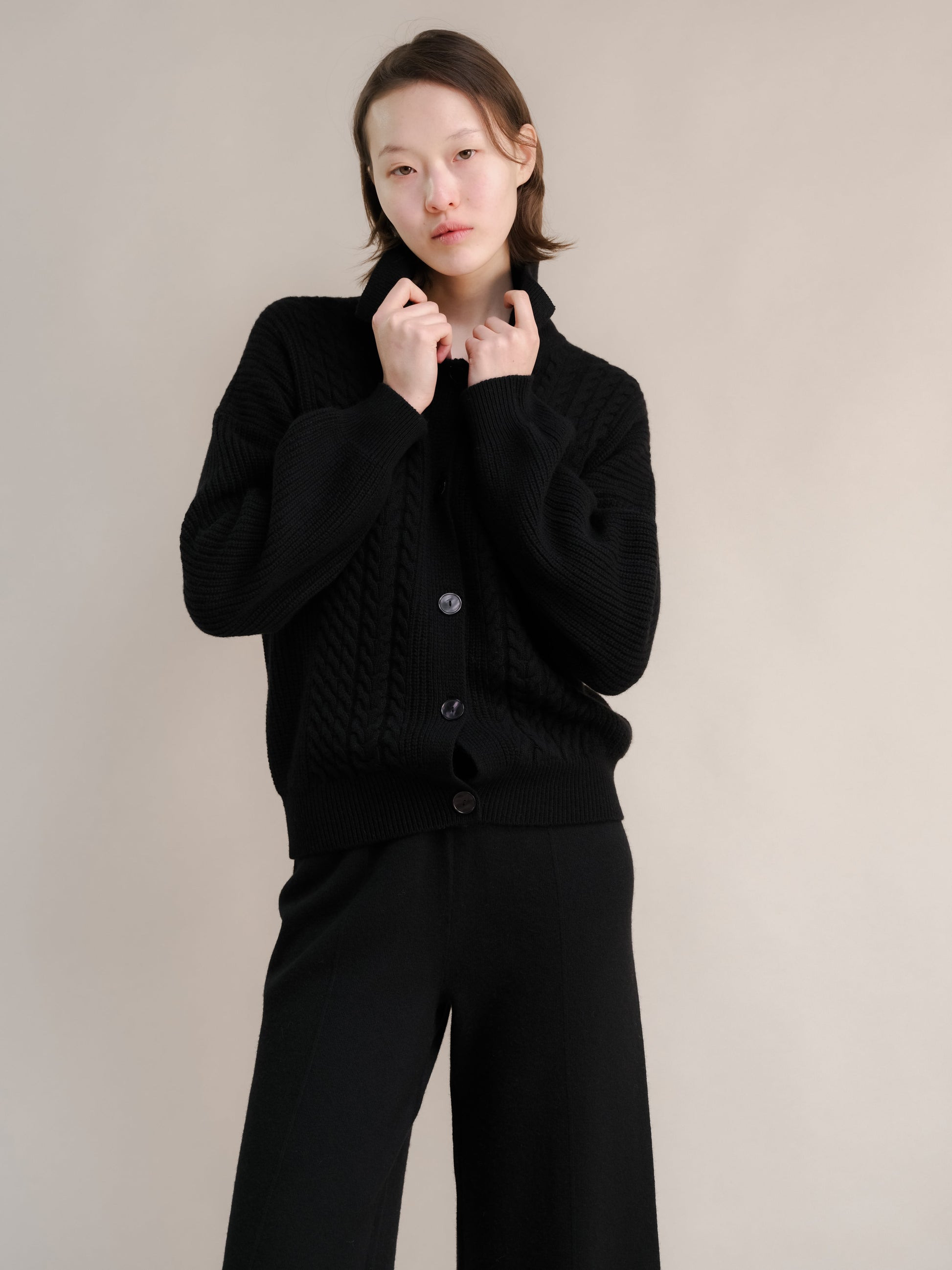 Cashmere Mix Cable Polo Cardigan-10