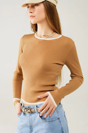 Casual Camel Rib Swearer with White Trim Detail-Sweater-Q2-S-BEIGE-Urbanheer