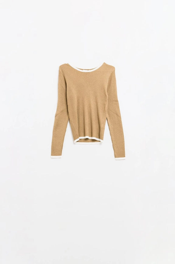 Casual Camel Rib Swearer with White Trim Detail-Sweater-Q2-S-BEIGE-Urbanheer
