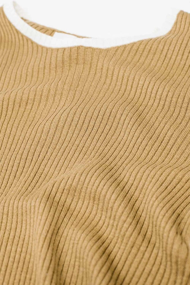 Casual Camel Rib Sweater with White Trim Detail-Sweater-Q2-S-BEIGE-Urbanheer