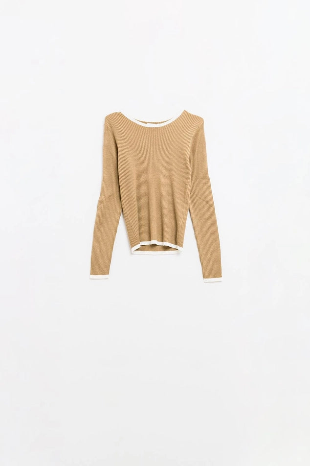 Casual Camel Rib Sweater with White Trim Detail-Sweater-Q2-S-BEIGE-Urbanheer