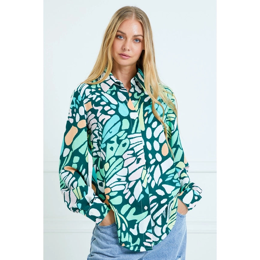 Casual Leaf Print Collard and Button Down Blouse GREEN-Blouses-AZURA-S-Urbanheer