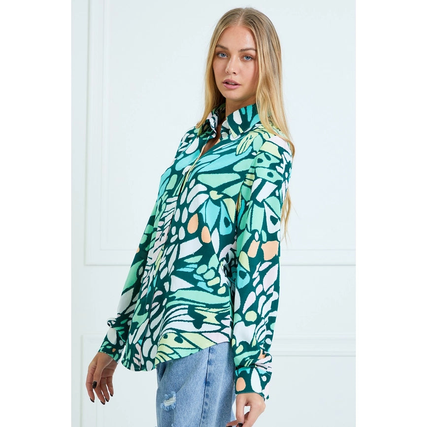 Casual Leaf Print Collard and Button Down Blouse GREEN-Blouses-AZURA-S-Urbanheer
