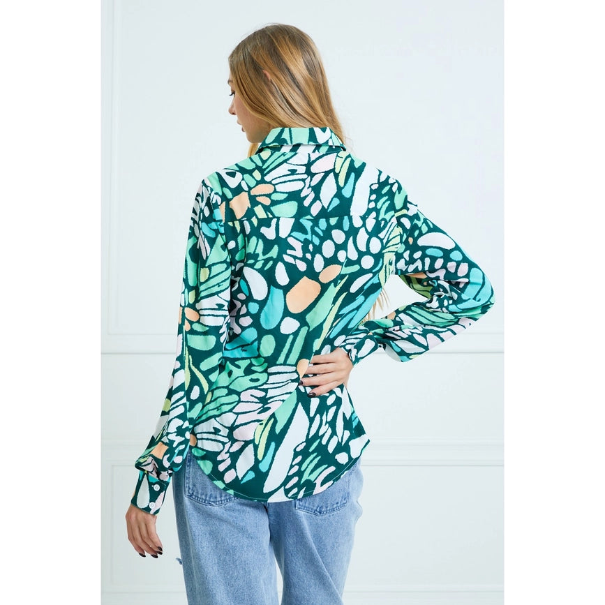 Casual Leaf Print Collard and Button Down Blouse GREEN-Blouses-AZURA-S-Urbanheer