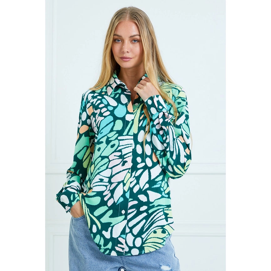 Casual Leaf Print Collard and Button Down Blouse GREEN-Blouses-AZURA-S-Urbanheer
